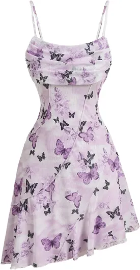 Floerns Women's Butterfly Print Ruched Beach Dress Asymmetrical Hem Cami Short Dress
