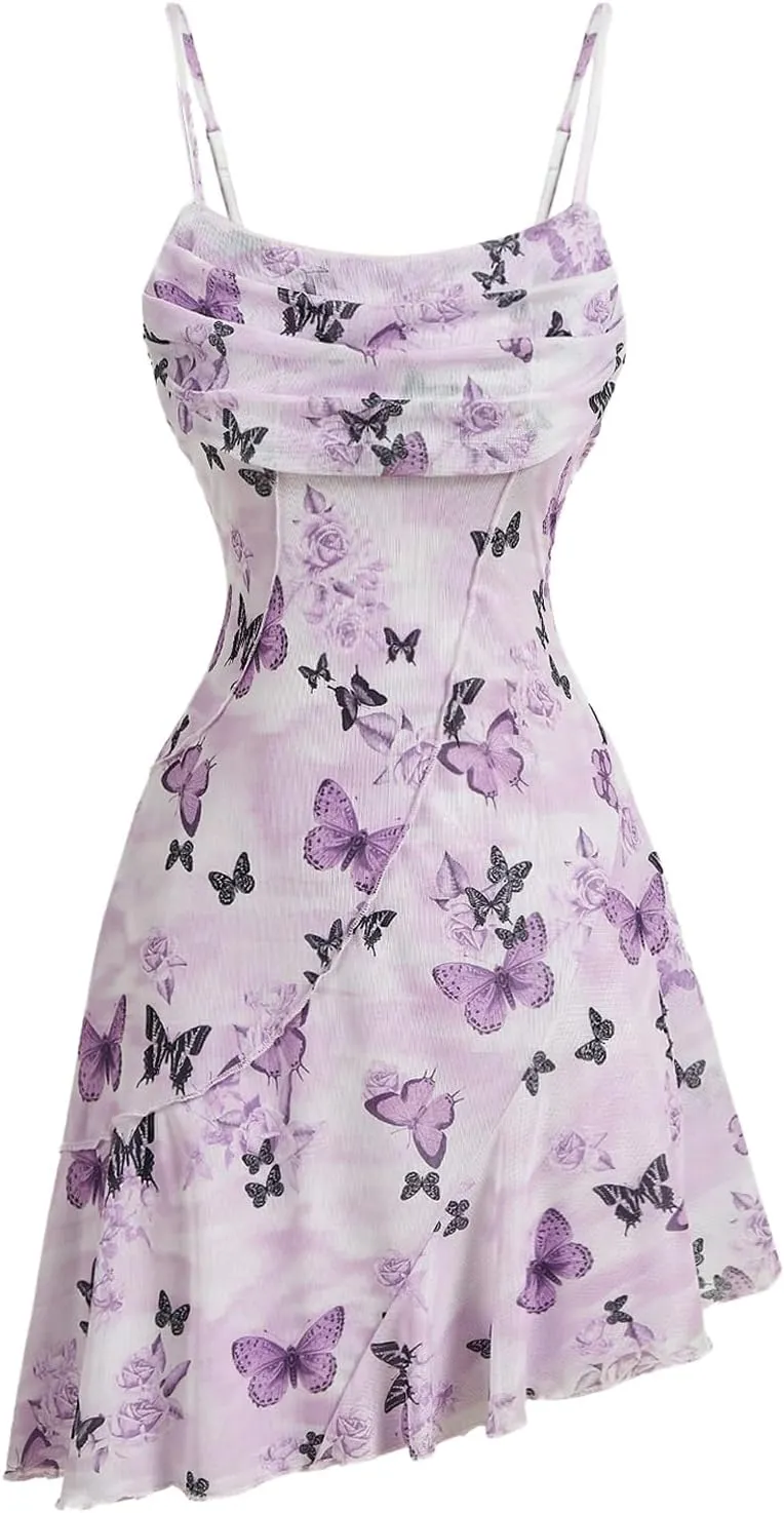 Floerns Women's Butterfly Print Ruched Beach Dress Asymmetrical Hem Cami Short Dress