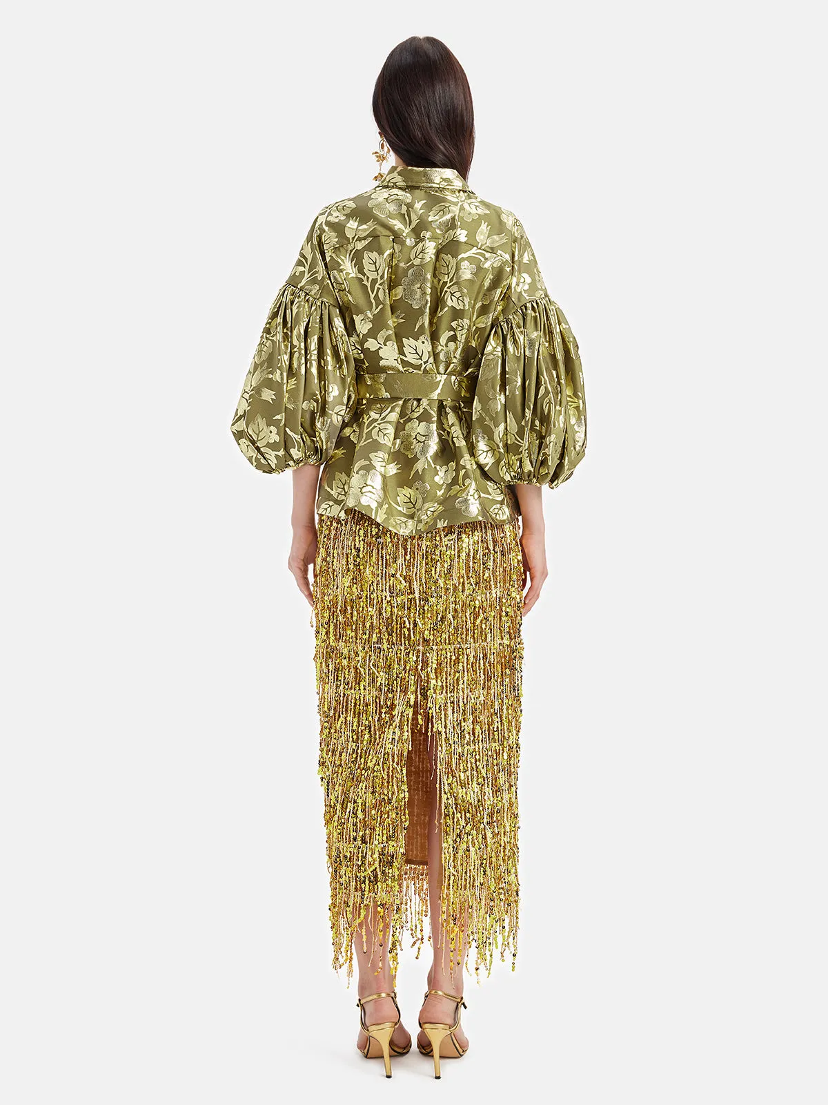 Gold Jacquard Lantern Sleeve Blouse