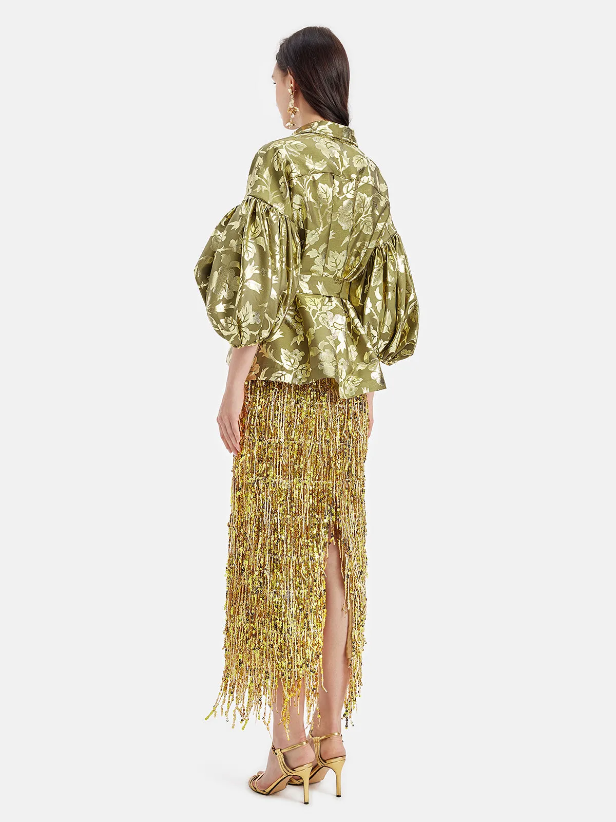 Gold Jacquard Lantern Sleeve Blouse