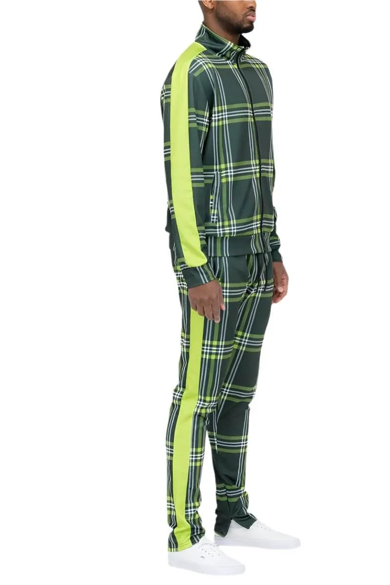 Green Tartan Plaid Track Jacket and Pant Set Mens