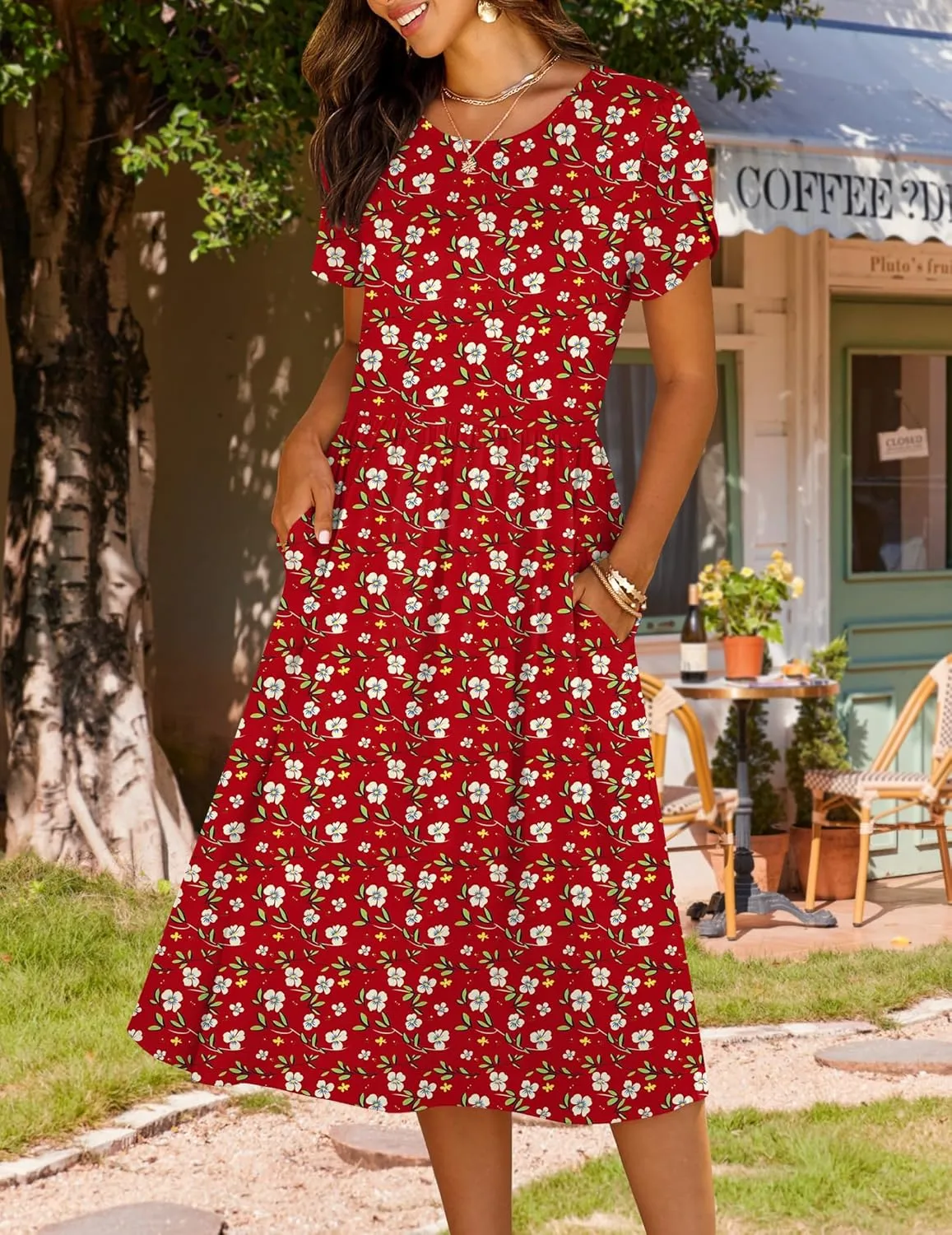 HOTOUCH Women's Summer Short Sleeve A-Line Midi Dresses Casual Floral T-Shirt Dress Flowy Beach Sundress with Pockets