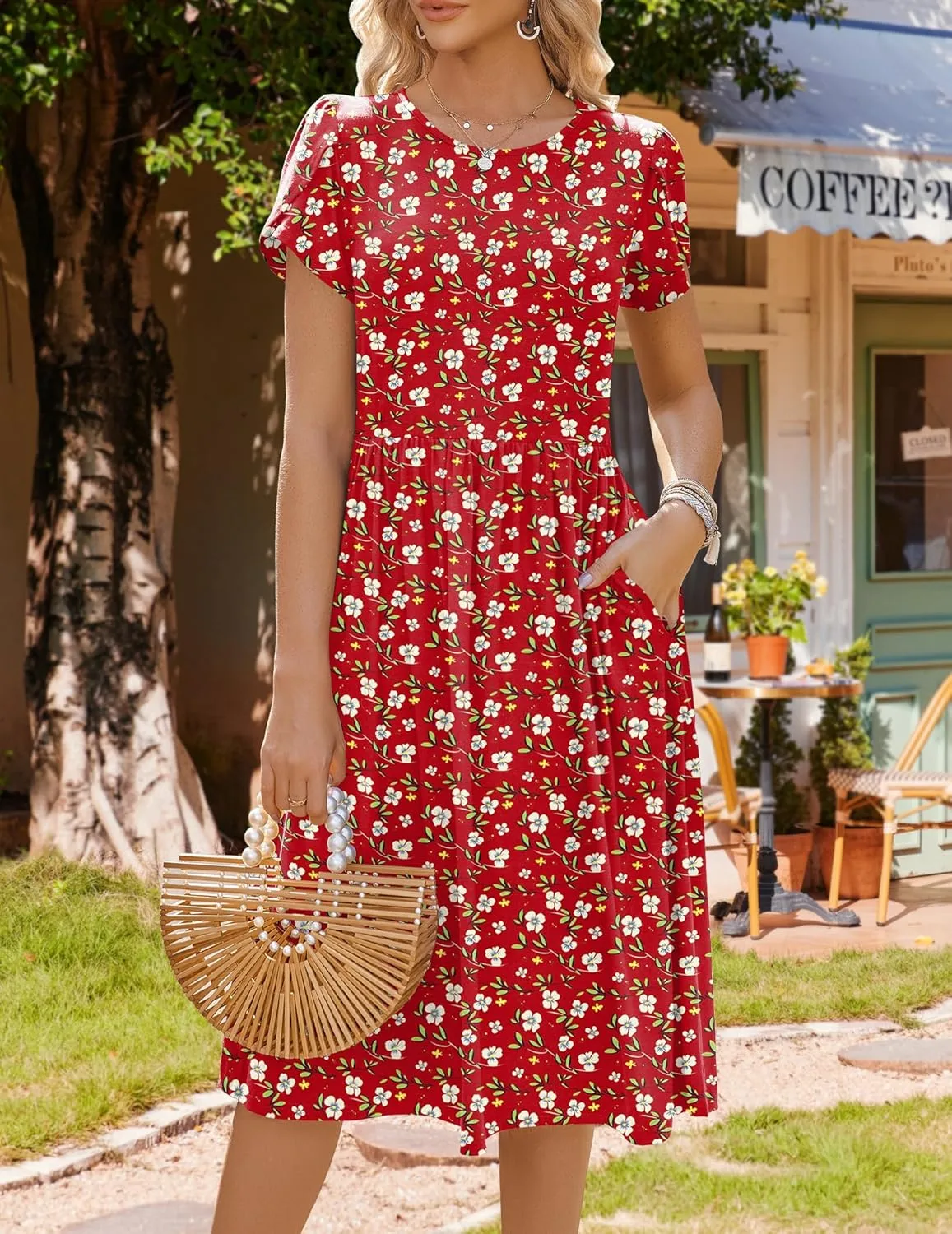 HOTOUCH Women's Summer Short Sleeve A-Line Midi Dresses Casual Floral T-Shirt Dress Flowy Beach Sundress with Pockets