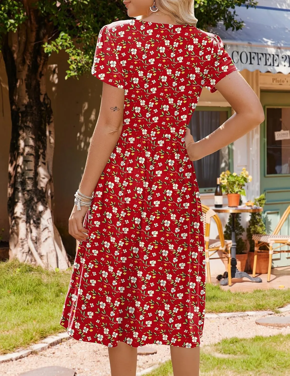 HOTOUCH Women's Summer Short Sleeve A-Line Midi Dresses Casual Floral T-Shirt Dress Flowy Beach Sundress with Pockets