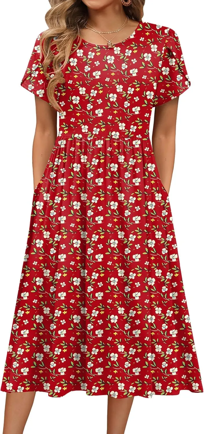 HOTOUCH Women's Summer Short Sleeve A-Line Midi Dresses Casual Floral T-Shirt Dress Flowy Beach Sundress with Pockets