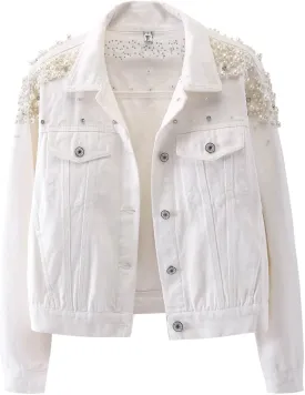 Kedera Women's Jean Jacket Embroidered Rivet Pearl Short Denim Jacket Coat