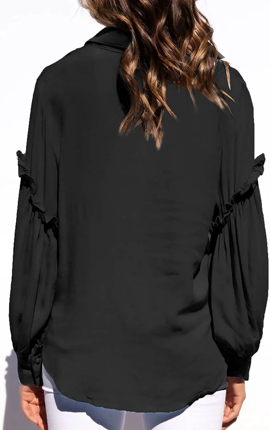 Lantern Sleeve Black Loose Tunic Blouse