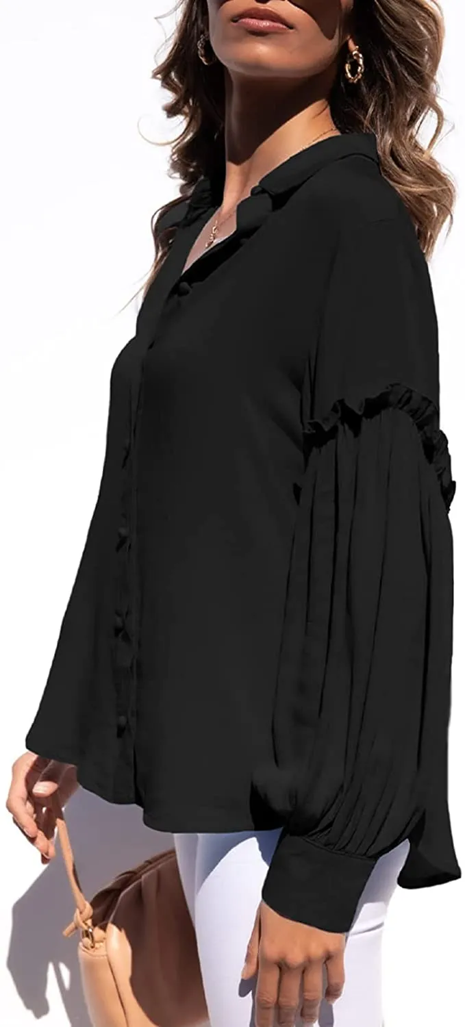 Lantern Sleeve Black Loose Tunic Blouse