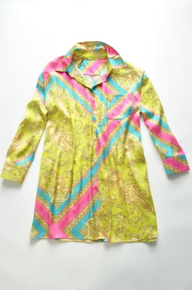 Lime and pink baroque motif shirt silk tunic dress