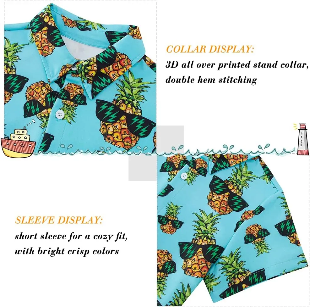 Little & Big Boy's Button Down Hawaiian Shirts Short Sleeve Cool Cartoon Print Dress Tops T-Shirt for Kids 7-14T
