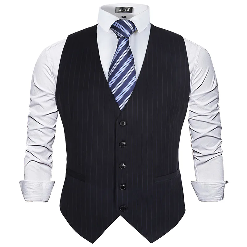 Men's Pinstripe Business Suit Vest Formal Dress Tuxedo Waistcoat, 188-Bluish Black Striped