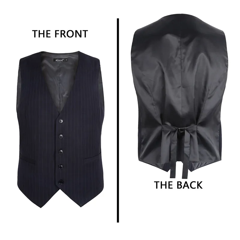 Men's Pinstripe Business Suit Vest Formal Dress Tuxedo Waistcoat, 188-Bluish Black Striped
