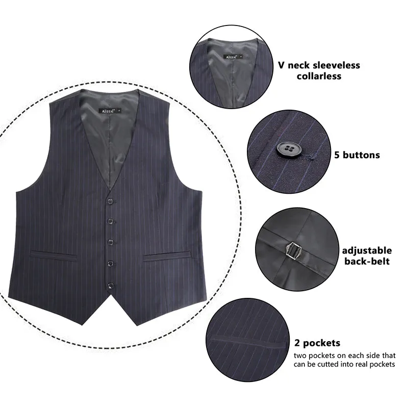 Men's Pinstripe Business Suit Vest Formal Dress Tuxedo Waistcoat, 188-Bluish Black Striped