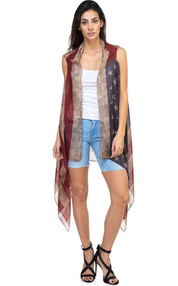 MS0065 Vintage America Flag Print Long Vest