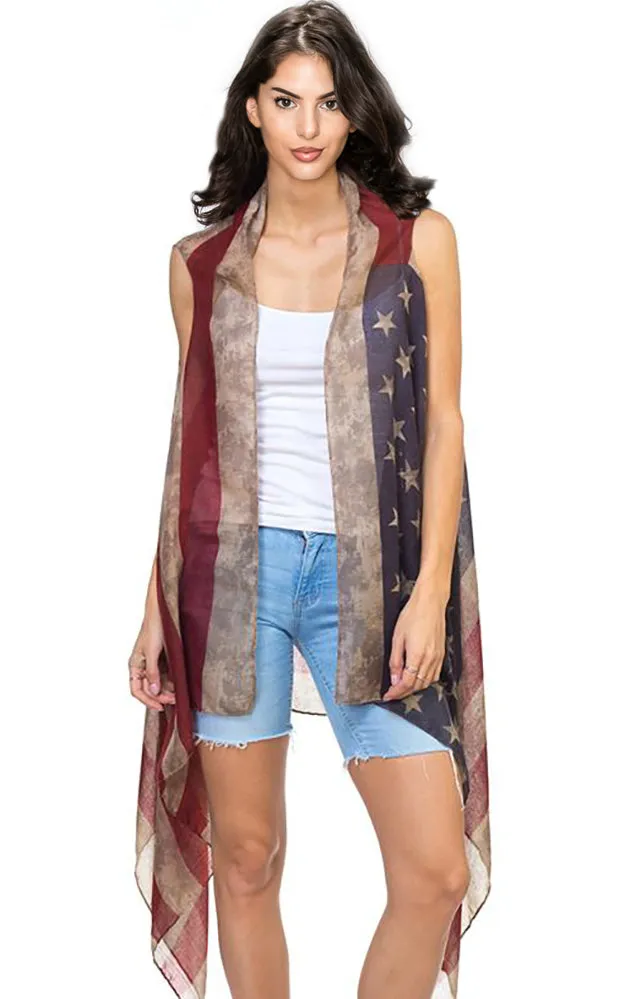 MS0065 Vintage America Flag Print Long Vest