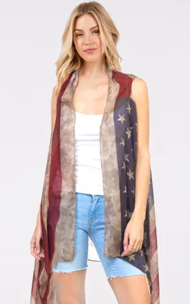 MS0065 Vintage America Flag Print Long Vest