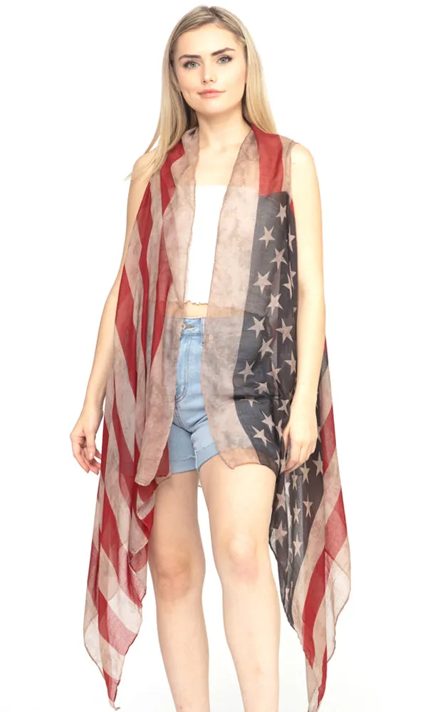 MS0065 Vintage America Flag Print Long Vest