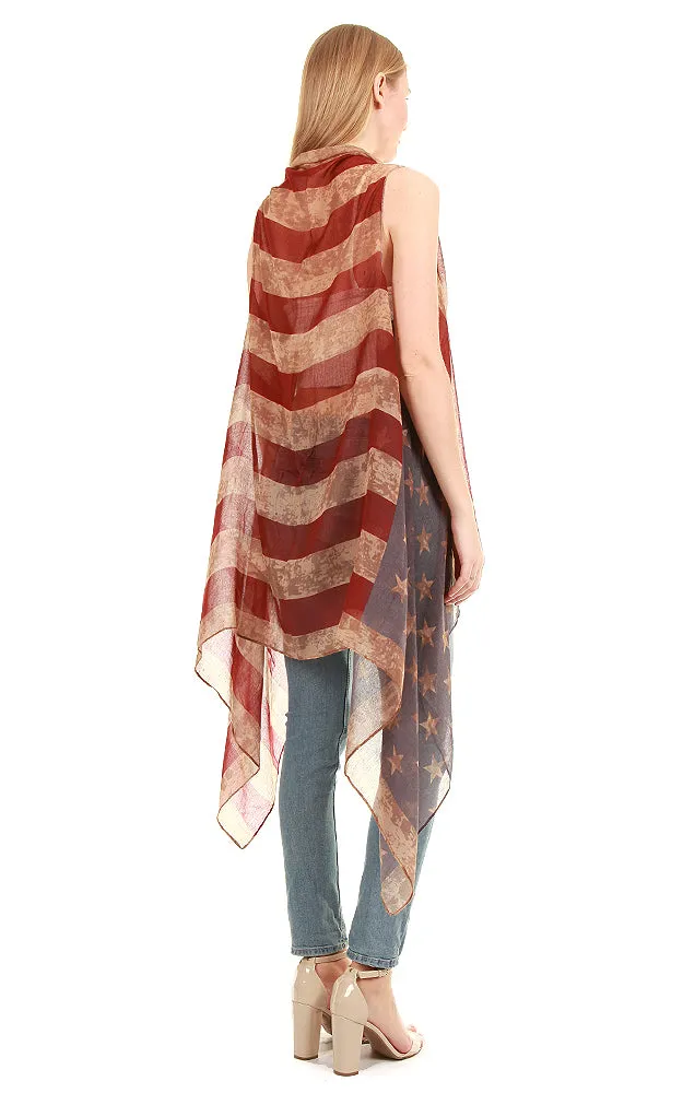 MS0065 Vintage America Flag Print Long Vest