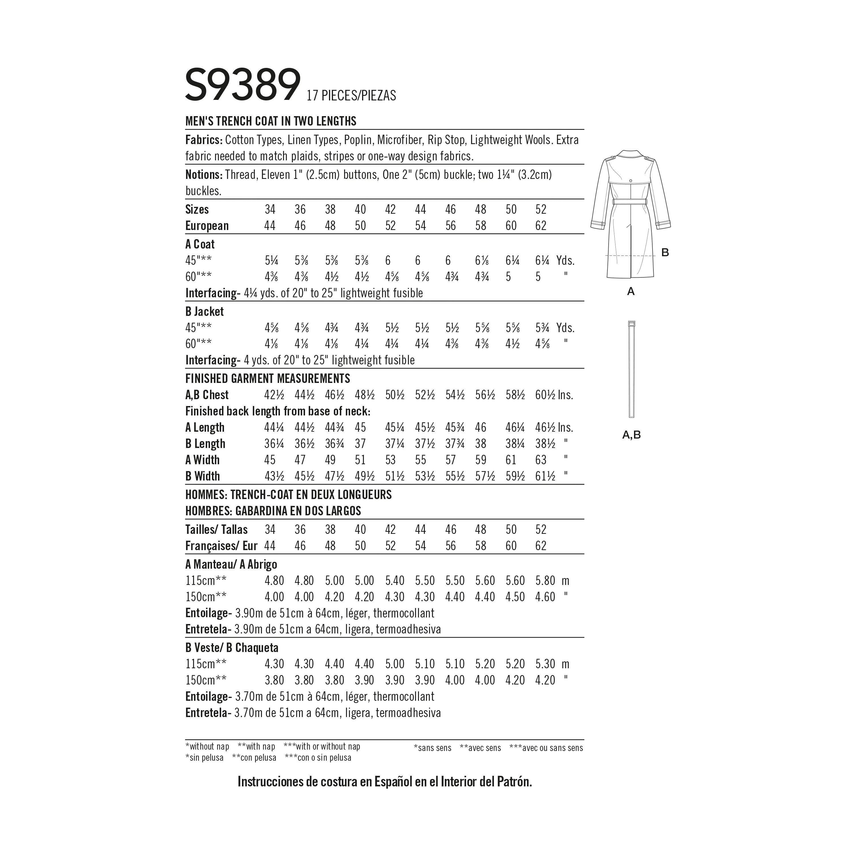 Simplicity Pattern 9389 Men's Trench Coat