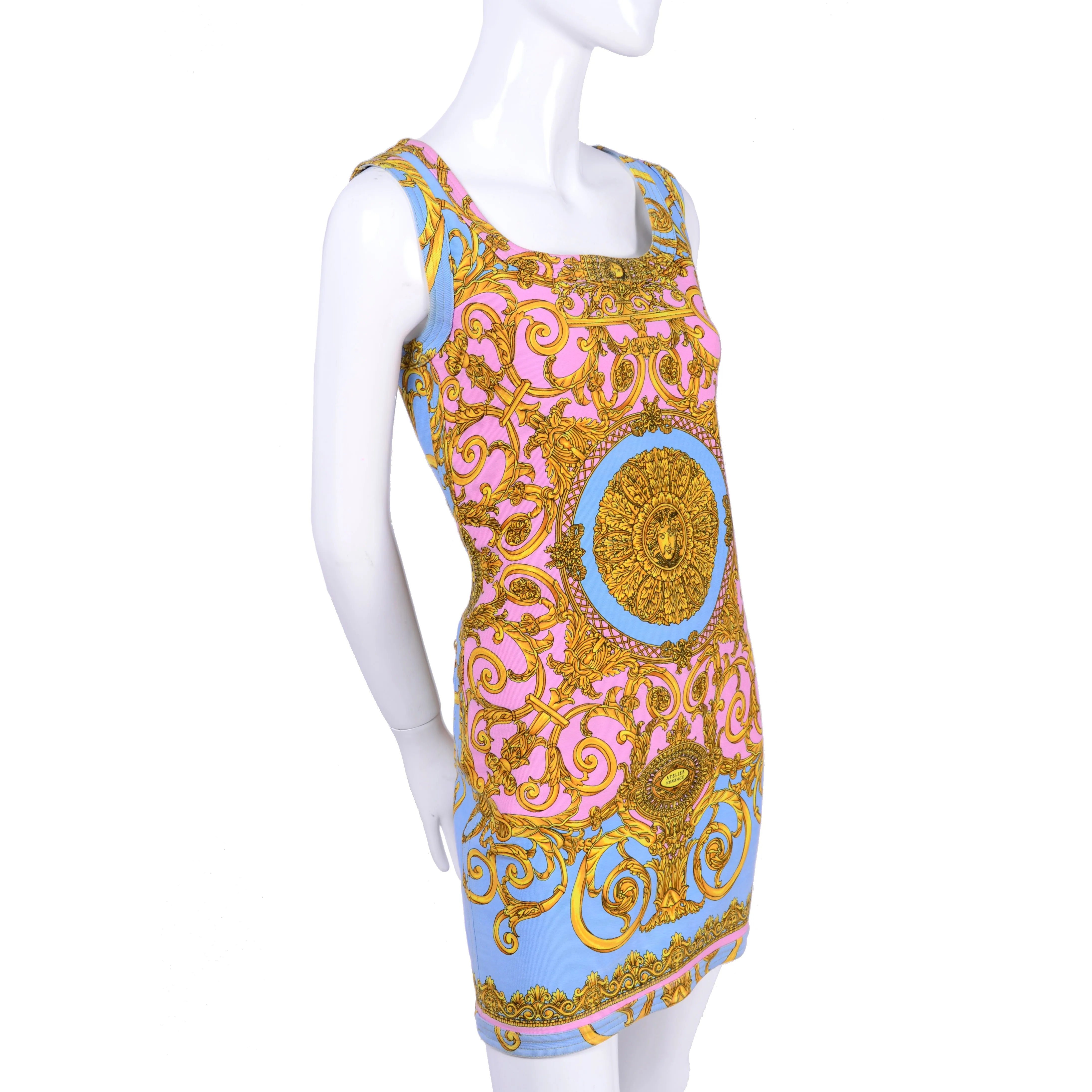 S/S 1992 Gianni Versace Vintage Dress in Pastel Baroque Medusa Print