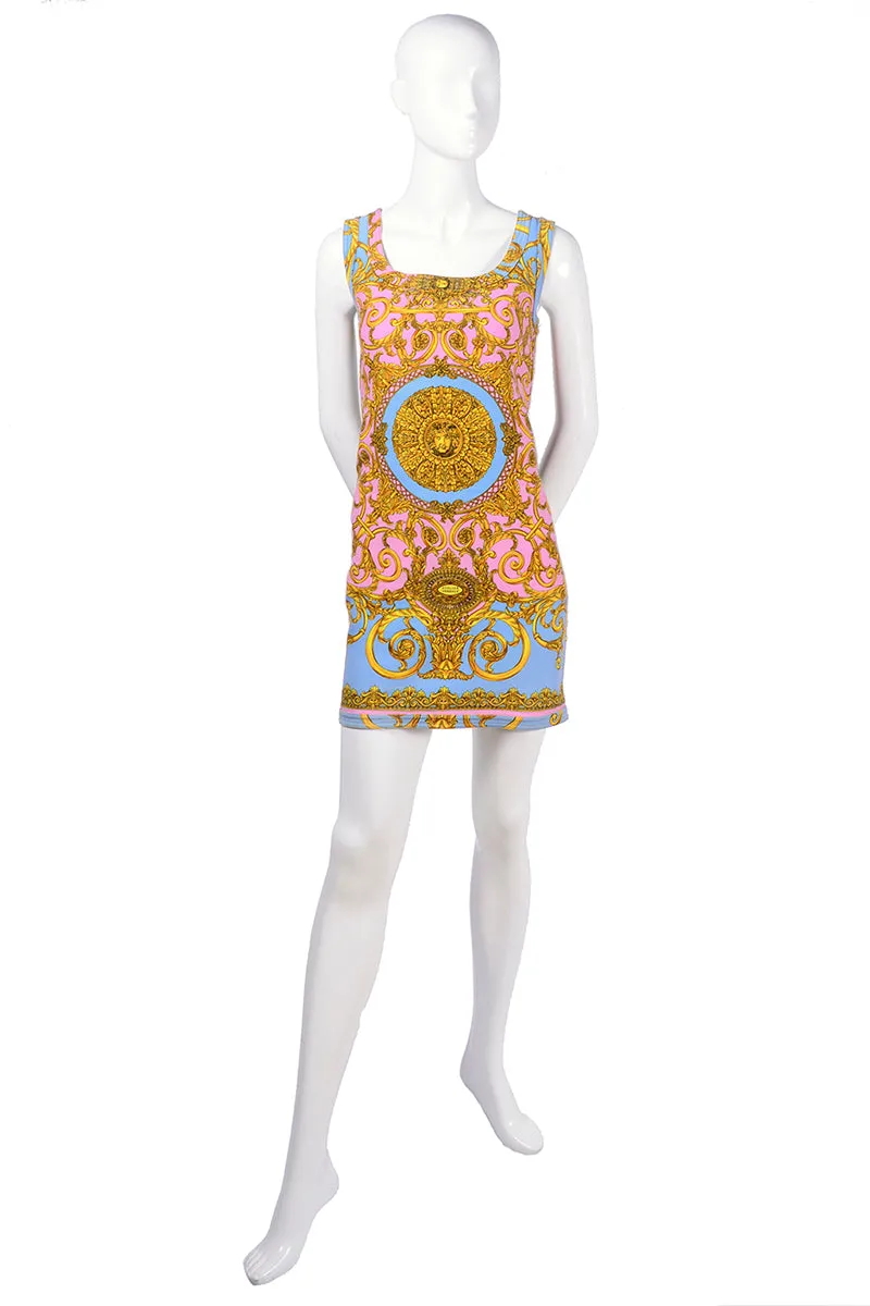 S/S 1992 Gianni Versace Vintage Dress in Pastel Baroque Medusa Print