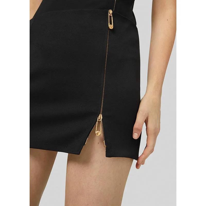 sz 42 NEW $795 VERSACE Black Wool MEDUSA SAFETY PIN LOGO Double Zip Mini SKIRT