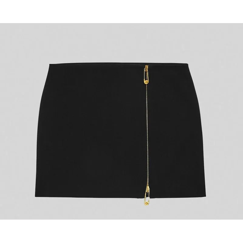 sz 42 NEW $795 VERSACE Black Wool MEDUSA SAFETY PIN LOGO Double Zip Mini SKIRT