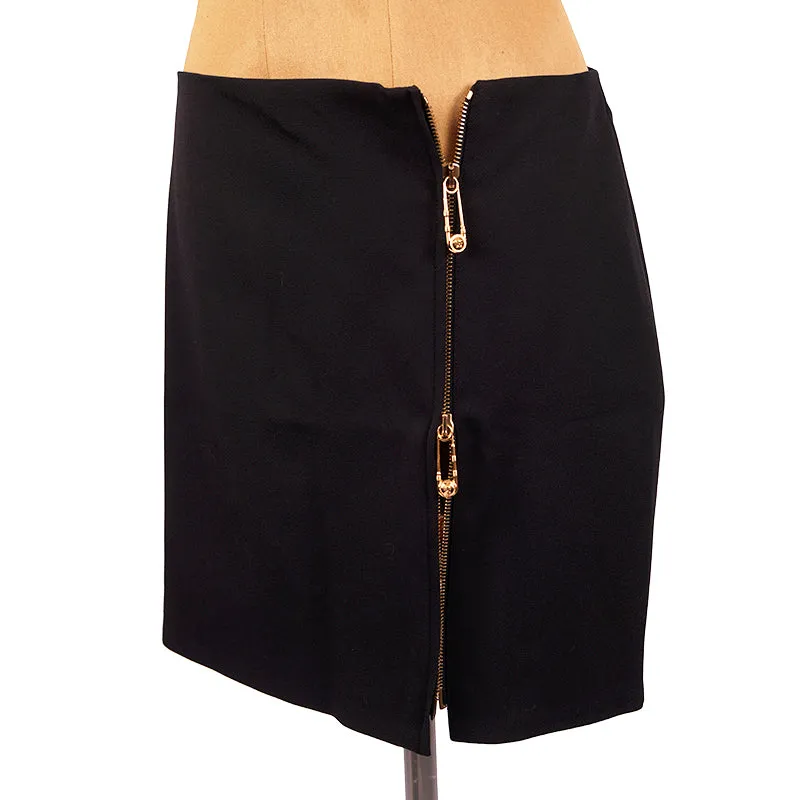 sz 42 NEW $795 VERSACE Black Wool MEDUSA SAFETY PIN LOGO Double Zip Mini SKIRT