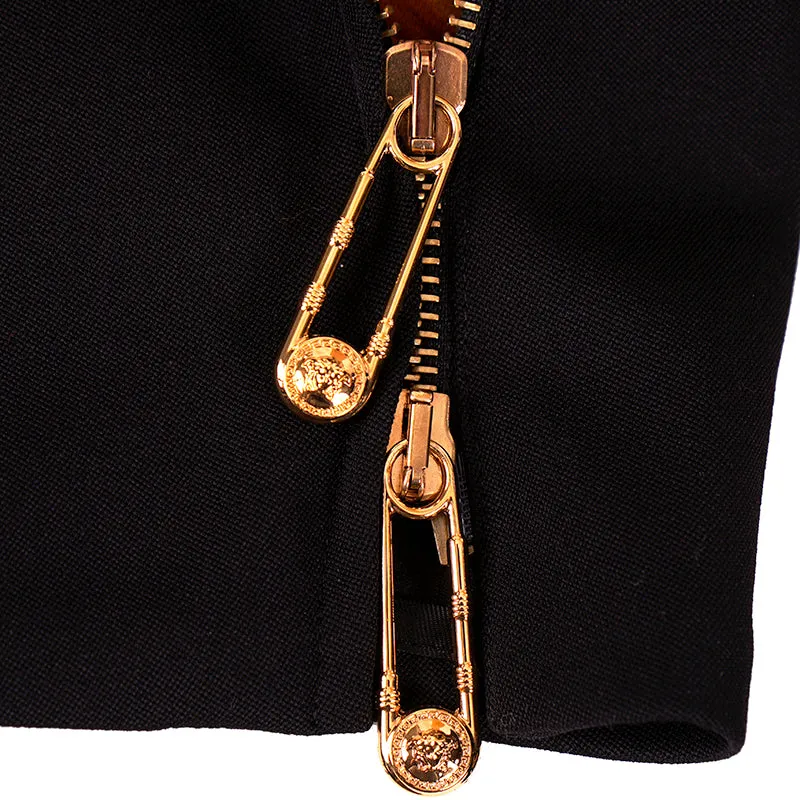sz 42 NEW $795 VERSACE Black Wool MEDUSA SAFETY PIN LOGO Double Zip Mini SKIRT