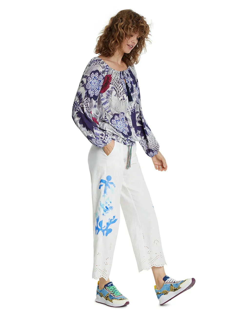 Verona Blue Ibiza Floral Print Off Shoulder Gypsy Blouse Desigual Style 20SWBW37