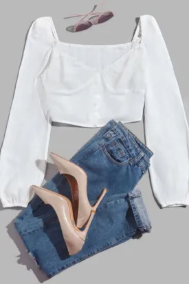 White Lantern Sleeve Blouse