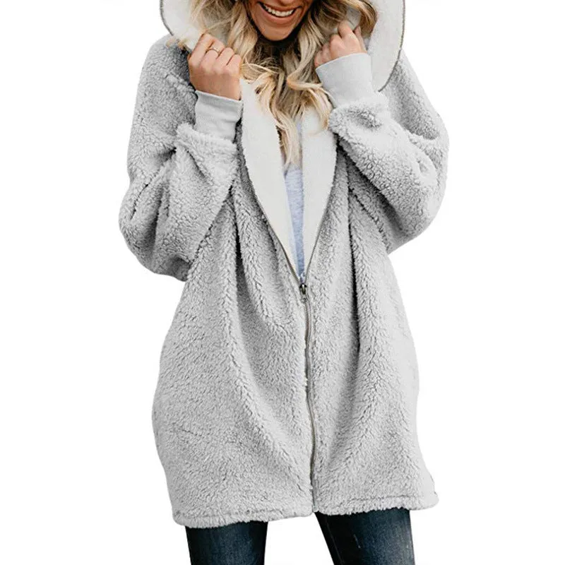 Women's Coats - Women's Casual Long Sleeves Stand Collar Fleece Coat