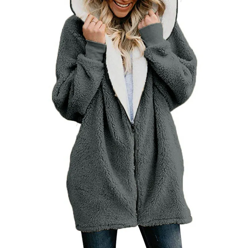Women's Coats - Women's Casual Long Sleeves Stand Collar Fleece Coat