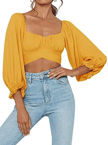 Women's Cute Off Shoulder Long Sleeve Self Tie Knot Crop Tube Top Blouse White Medium