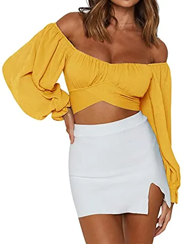 Women's Cute Off Shoulder Long Sleeve Self Tie Knot Crop Tube Top Blouse White Medium