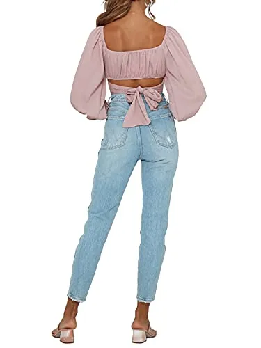 Women's Cute Off Shoulder Long Sleeve Self Tie Knot Crop Tube Top Blouse White Medium