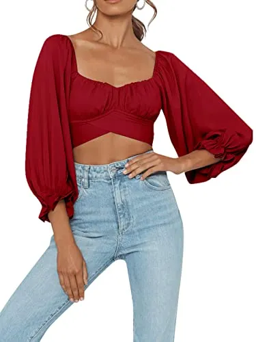 Women's Cute Off Shoulder Long Sleeve Self Tie Knot Crop Tube Top Blouse White Medium