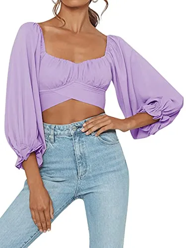 Women's Cute Off Shoulder Long Sleeve Self Tie Knot Crop Tube Top Blouse White Medium