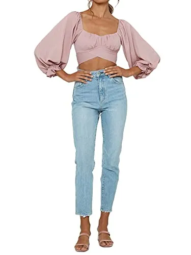 Women's Cute Off Shoulder Long Sleeve Self Tie Knot Crop Tube Top Blouse White Medium
