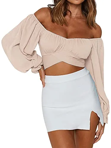 Women's Cute Off Shoulder Long Sleeve Self Tie Knot Crop Tube Top Blouse White Medium