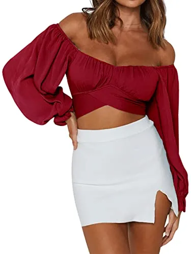 Women's Cute Off Shoulder Long Sleeve Self Tie Knot Crop Tube Top Blouse White Medium