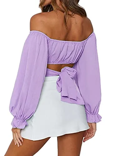 Women's Cute Off Shoulder Long Sleeve Self Tie Knot Crop Tube Top Blouse White Medium