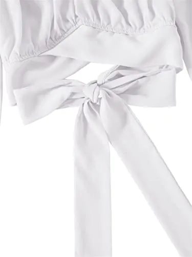 Women's Cute Off Shoulder Long Sleeve Self Tie Knot Crop Tube Top Blouse White Medium