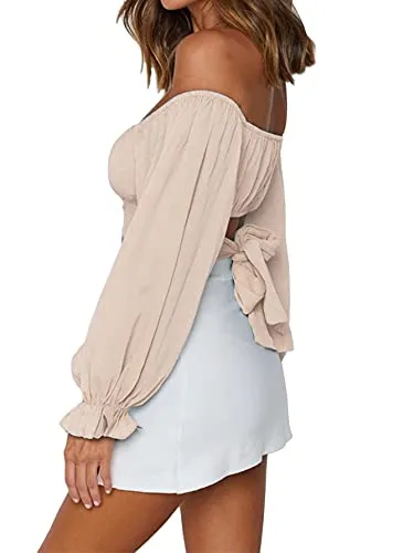 Women's Cute Off Shoulder Long Sleeve Self Tie Knot Crop Tube Top Blouse White Medium