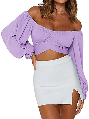 Women's Cute Off Shoulder Long Sleeve Self Tie Knot Crop Tube Top Blouse White Medium