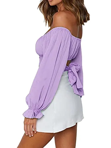 Women's Cute Off Shoulder Long Sleeve Self Tie Knot Crop Tube Top Blouse White Medium