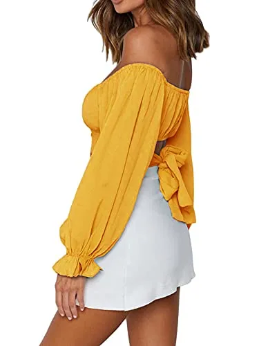 Women's Cute Off Shoulder Long Sleeve Self Tie Knot Crop Tube Top Blouse White Medium