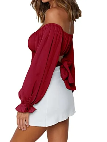 Women's Cute Off Shoulder Long Sleeve Self Tie Knot Crop Tube Top Blouse White Medium
