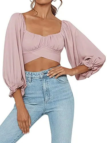 Women's Cute Off Shoulder Long Sleeve Self Tie Knot Crop Tube Top Blouse White Medium