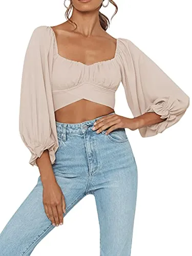 Women's Cute Off Shoulder Long Sleeve Self Tie Knot Crop Tube Top Blouse White Medium